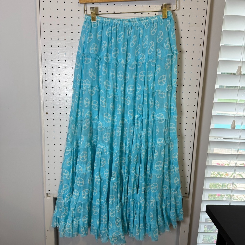 Raj Tiered Maxi Skirt Women's Aqua Blue Peace Sign Cotton Ruffle - One Size
